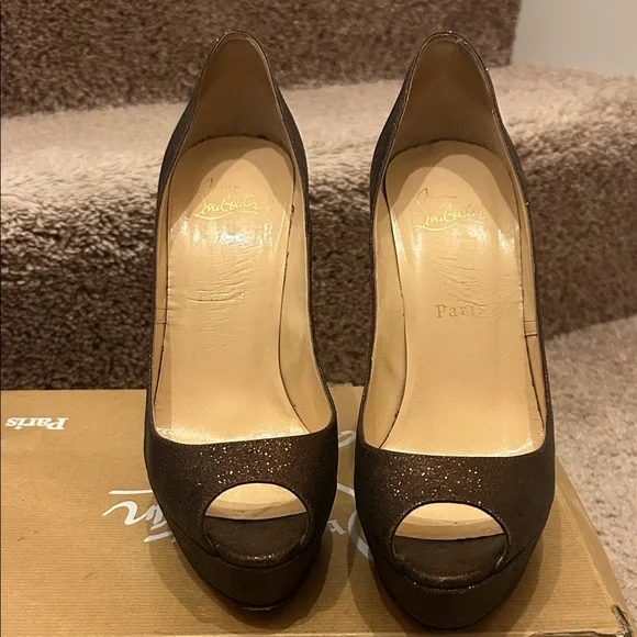 Christian Louboutin Glittery Brown Peep-Toe Heels - Picture 2 of 7